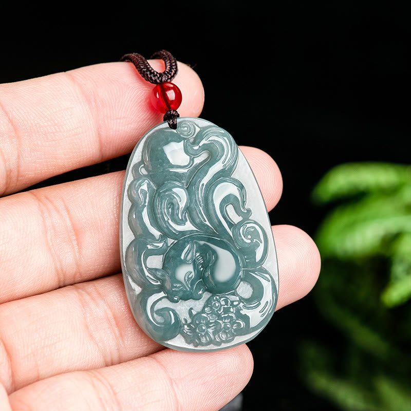 Buddha Stones Naturalny Zielony Jade Dziewięcioogonowy Lis Kwiaty Naszyjnik Szczęścia Wisiorek
