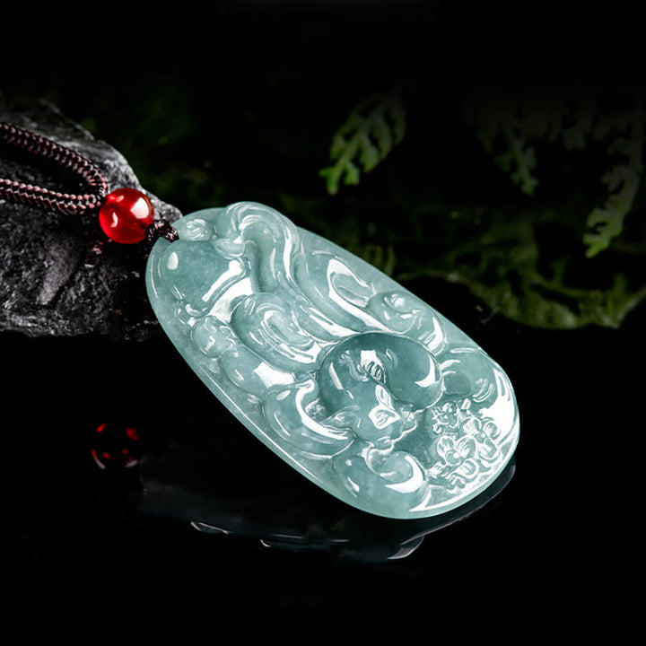 Buddha Stones Naturalny Zielony Jade Dziewięcioogonowy Lis Kwiaty Naszyjnik Szczęścia Wisiorek