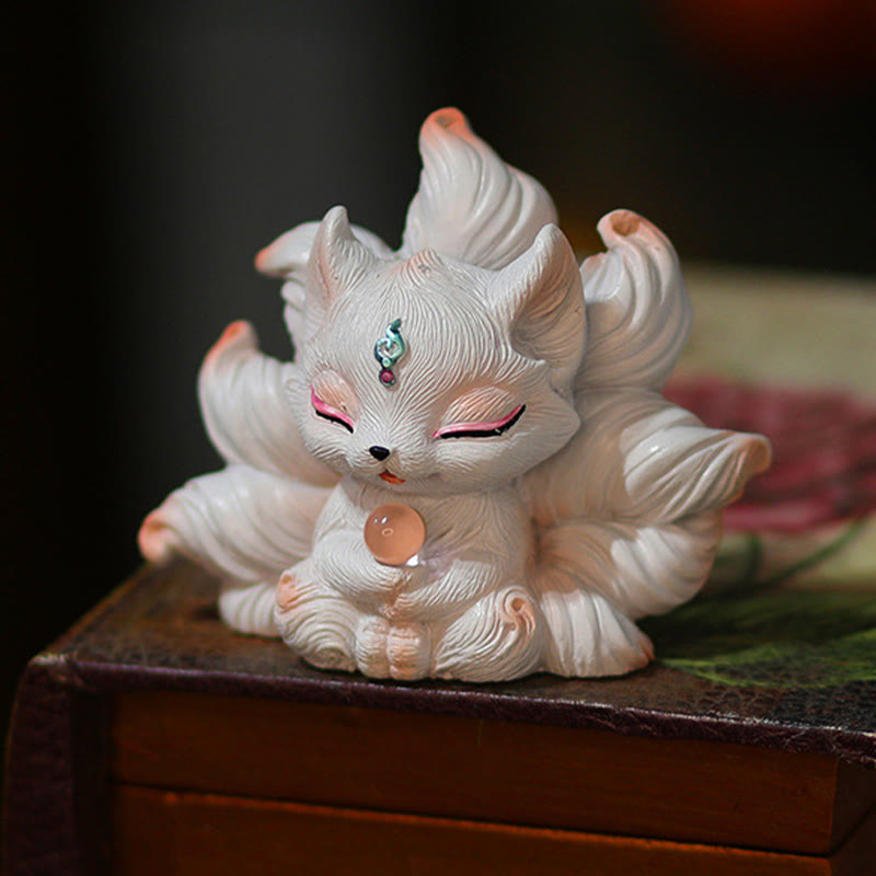 Buddha Stones Miniaturowe Dziewięcioogoniaste Lisy Szczęście Żywica Dekoracja Domowego Biurka