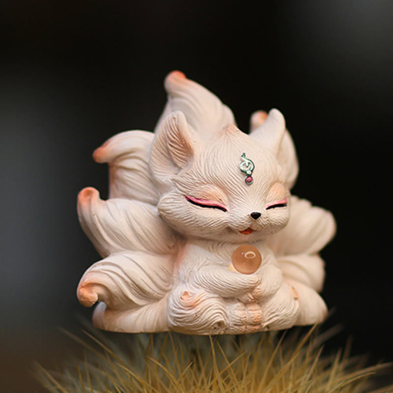 Buddha Stones Miniaturowe Dziewięcioogoniaste Lisy Szczęście Żywica Dekoracja Domowego Biurka
