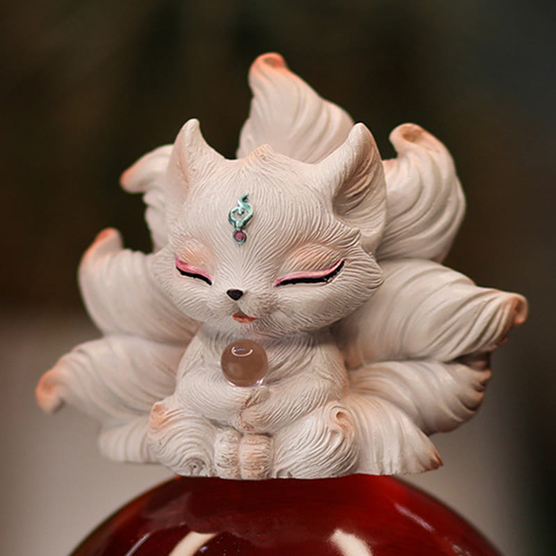 Buddha Stones Miniaturowe Dziewięcioogoniaste Lisy Szczęście Żywica Dekoracja Domowego Biurka