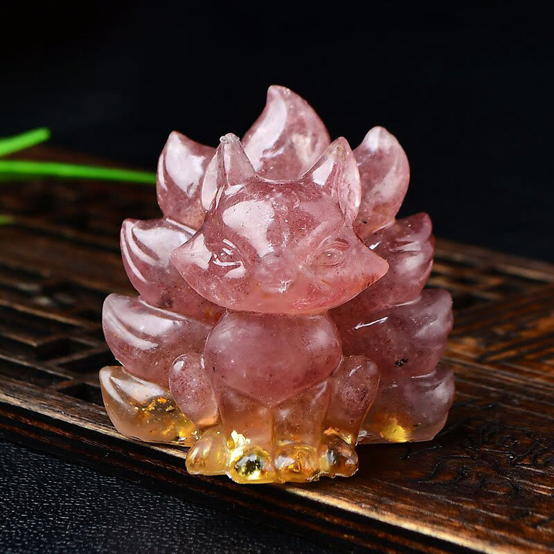 Buddha Stones Naturalne Różnorodne Kryształowe Truskawkowe Kwarcowe Ametystowe Dziewięcioogoniaste Ochrona Lisa Dekoracja Domu - Kwarc truskawkowy 5,5*4,5*5,5 cm - image 0