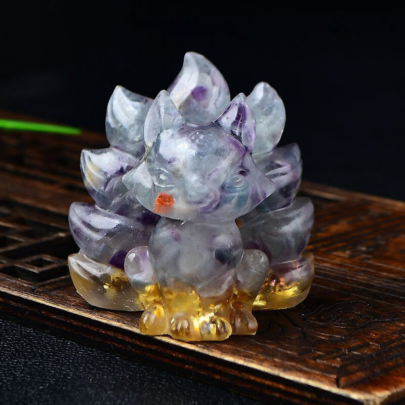 Buddha Stones Naturalne Różnorodne Kryształowe Truskawkowe Kwarcowe Ametystowe Dziewięcioogoniaste Ochrona Lisa Dekoracja Domu - Fluoryt 5,5*4,5*5,5 cm - image 18