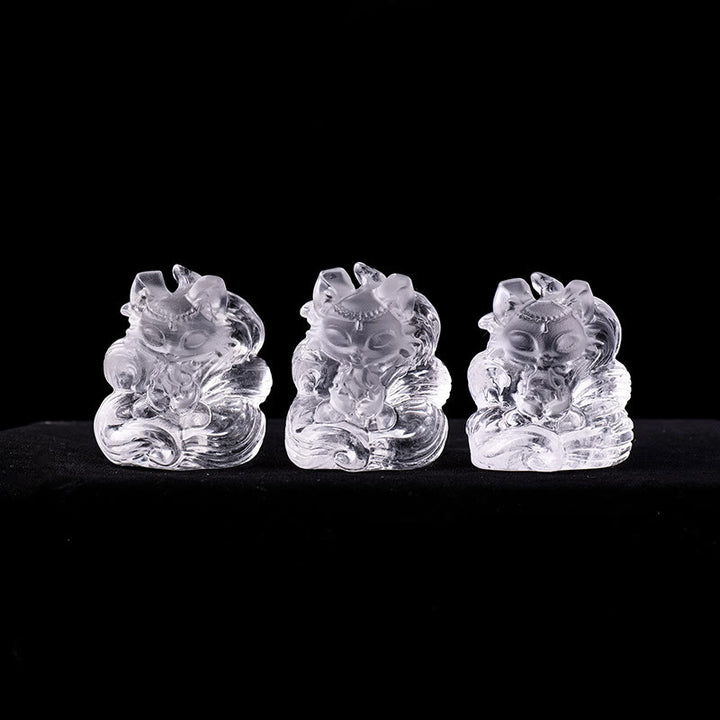 Buddha Stones Naturalny Biały Kryształ Mini Mały Dziewięcioogonowy Lis Rzeźbiony Uzdrawiający Dom Dekoracja