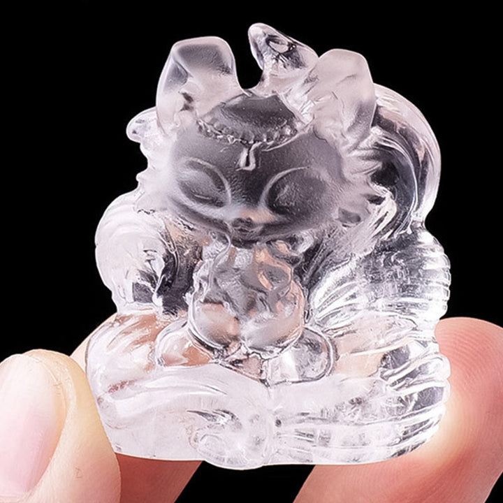 Buddha Stones Naturalny Biały Kryształ Mini Mały Dziewięcioogonowy Lis Rzeźbiony Uzdrawiający Dom Dekoracja