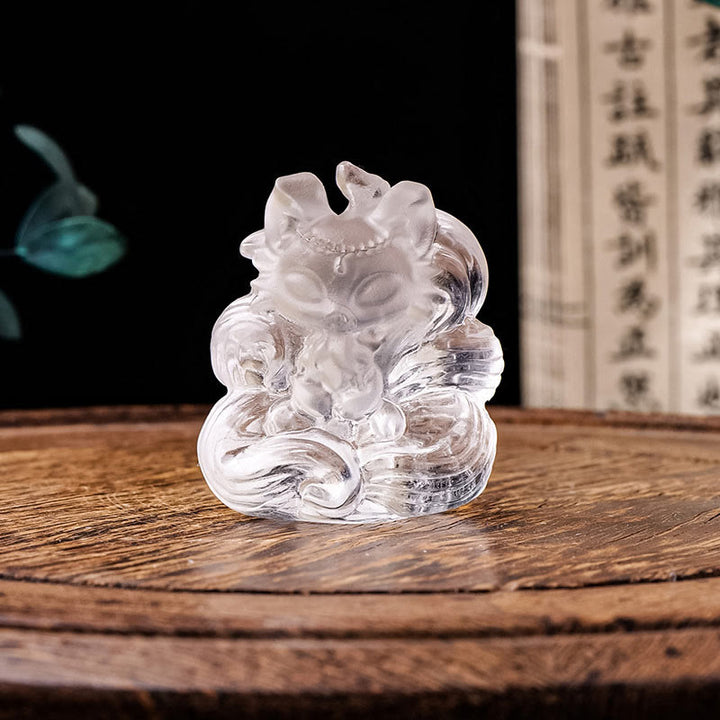 Buddha Stones Naturalny Biały Kryształ Mini Mały Dziewięcioogonowy Lis Rzeźbiony Uzdrawiający Dom Dekoracja