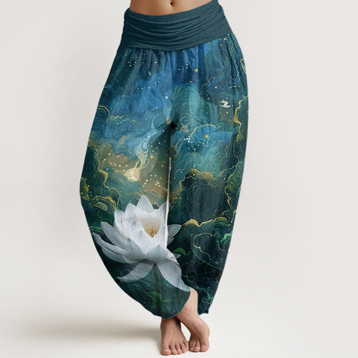 Buddha Stones Casual Lotus Gwiaździste Niebo Chmury Wzór Damskie Elastyczne Spodnie Harem - Ciemnocyjanowy - US22, UK/AU26, EU54 (6XL) - image 1