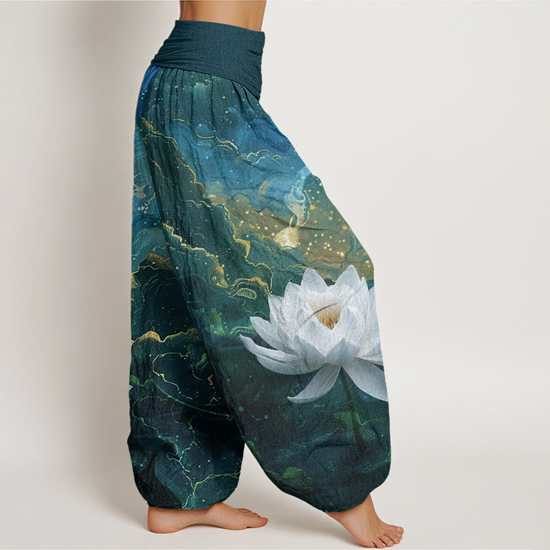 Buddha Stones Casual Lotus Gwiaździste Niebo Chmury Wzór Damskie Elastyczne Spodnie Harem - image 2