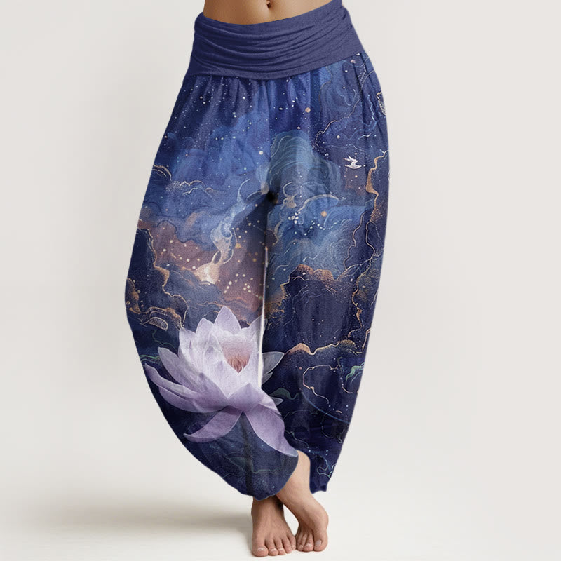 Buddha Stones Casual Lotus Gwiaździste Niebo Chmury Wzór Damskie Elastyczne Spodnie Harem - Marynarka wojenna - US22, UK/AU26, EU54 (6XL) - image 8