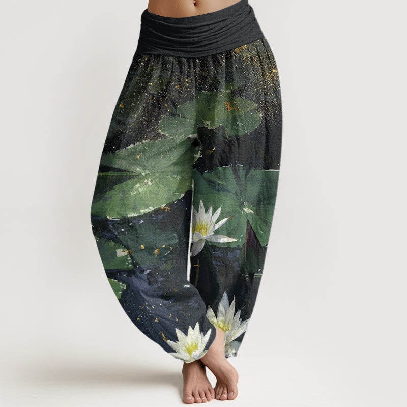 Buddha Stones Casual Lotus Leaves On The Lake Pattern Damskie spodnie haremowe z elastyczną talią - Zielony - US22, UK/AU26, EU54 (6XL) - image 1