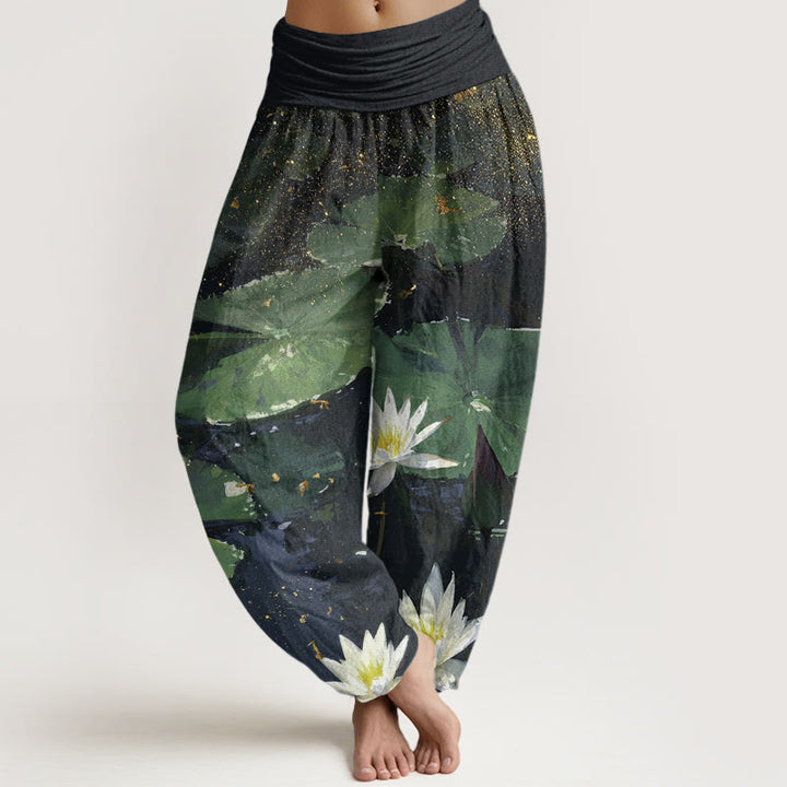 Buddha Stones Casual Lotus Leaves On The Lake Pattern Damskie spodnie haremowe z elastyczną talią - Zielony - US22, UK/AU26, EU54 (6XL) - image 1