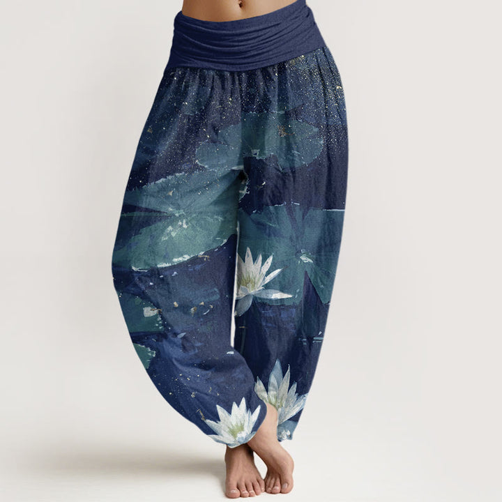 Buddha Stones Casual Lotus Leaves On The Lake Pattern Damskie spodnie haremowe z elastyczną talią - Ciemnoniebieski - US22, UK/AU26, EU54 (6XL) - image 5
