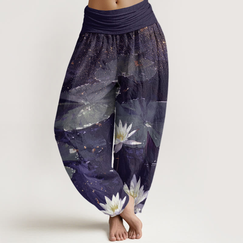 Buddha Stones Casual Lotus Leaves On The Lake Pattern Damskie spodnie haremowe z elastyczną talią - Indygo - US22, UK/AU26, EU54 (6XL) - image 8