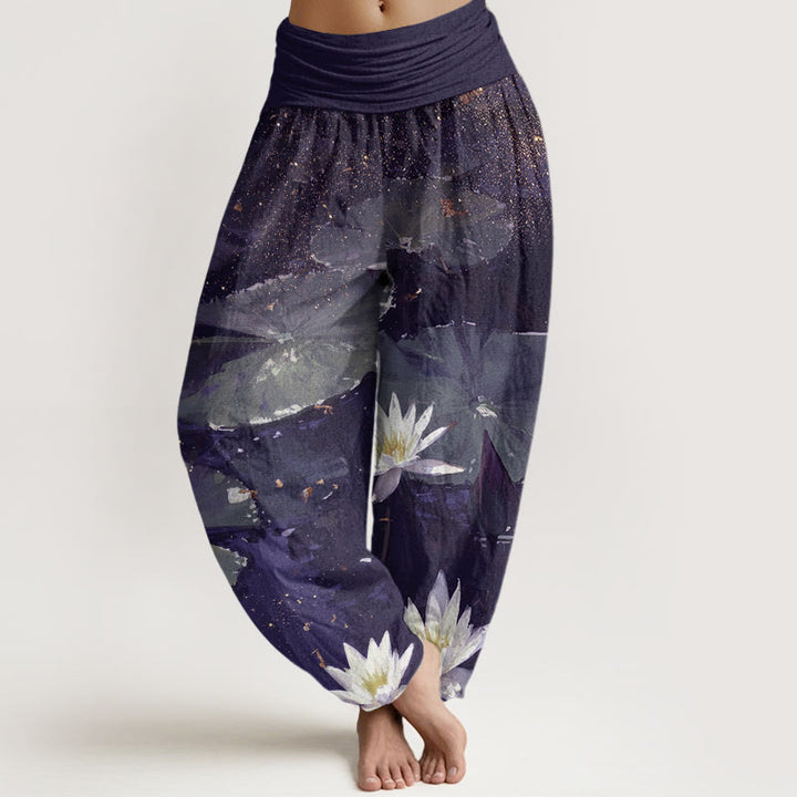 Buddha Stones Casual Lotus Leaves On The Lake Pattern Damskie spodnie haremowe z elastyczną talią - Indygo - US22, UK/AU26, EU54 (6XL) - image 8