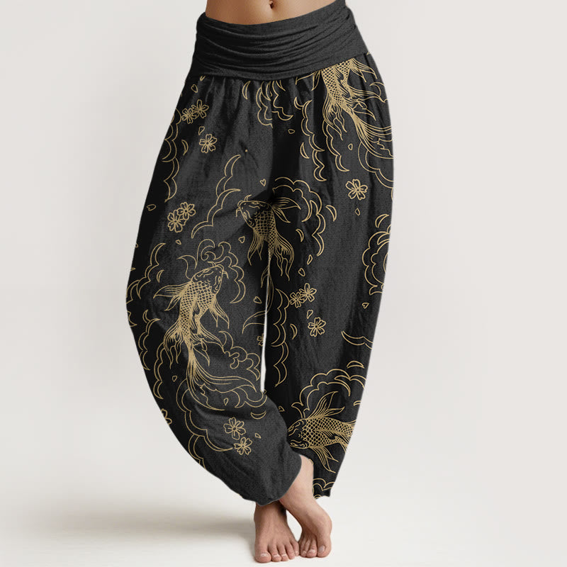 Buddha Stones haremowe damskie z elastyczną talią i bawełnianą podszewką z motywem fal ryb koi i płatków - Czarny - US22, UK/AU26, EU54 (6XL) - image 0