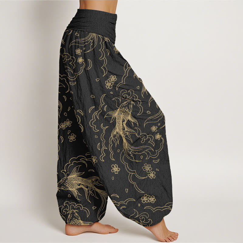 Buddha Stones Casual Koi Fish Waves And Petal Line Pattern Damskie spodnie haremowe z elastyczną talią - image 1