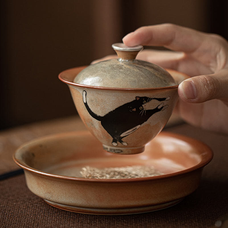 Buddha Stones Uroczy Kot Ceramiczny Gaiwan Filiżanka Kung Fu Filiżanka Do Herbaty Z Pokrywką 130 ml - image 10