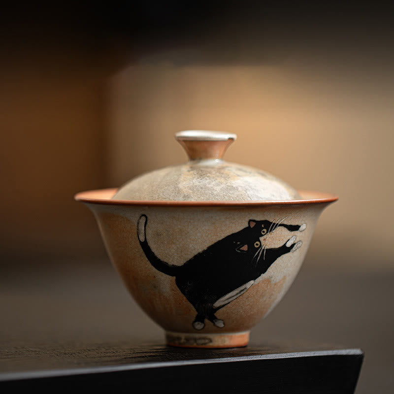 Buddha Stones Uroczy Kot Ceramiczny Gaiwan Filiżanka Kung Fu Filiżanka Do Herbaty Z Pokrywką 130 ml - Kubek dla kota 9,5 cm * 7,6 cm * 130 ml - image 1