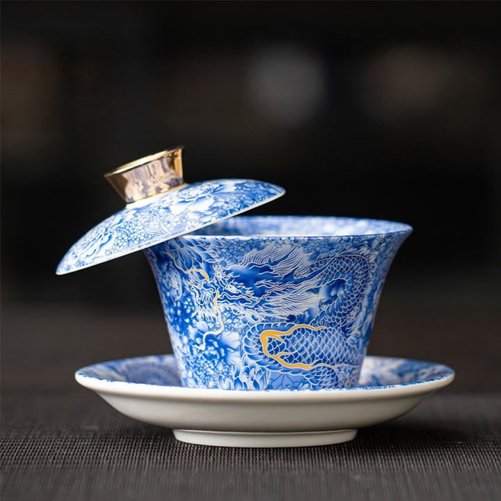 Buddha Stones Thangka Smok Buddowie Dunhuang Ceramiczny Gaiwan Sancai Kung Fu Filiżanka Do Herbaty I Spodek Z Pokrywką Pudełko Prezentowe 180 ml