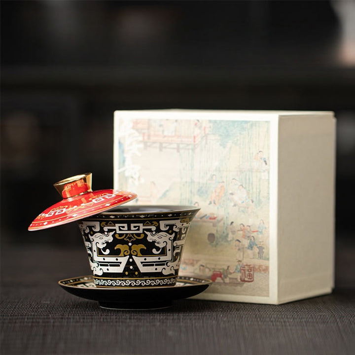 Buddha Stones Thangka Smok Buddowie Dunhuang Ceramiczny Gaiwan Sancai Kung Fu Filiżanka Do Herbaty I Spodek Z Pokrywką Pudełko Prezentowe 180 ml