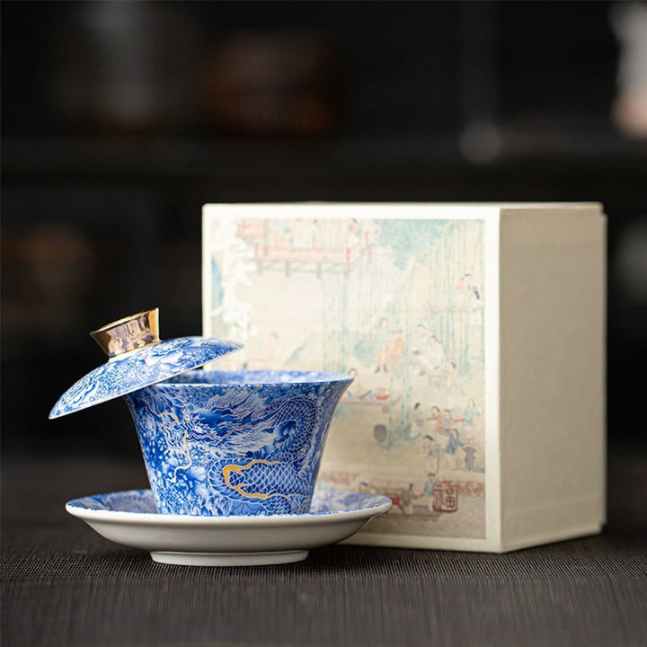 Buddha Stones Thangka Smok Buddowie Dunhuang Ceramiczny Gaiwan Sancai Kung Fu Filiżanka Do Herbaty I Spodek Z Pokrywką Pudełko Prezentowe 180 ml