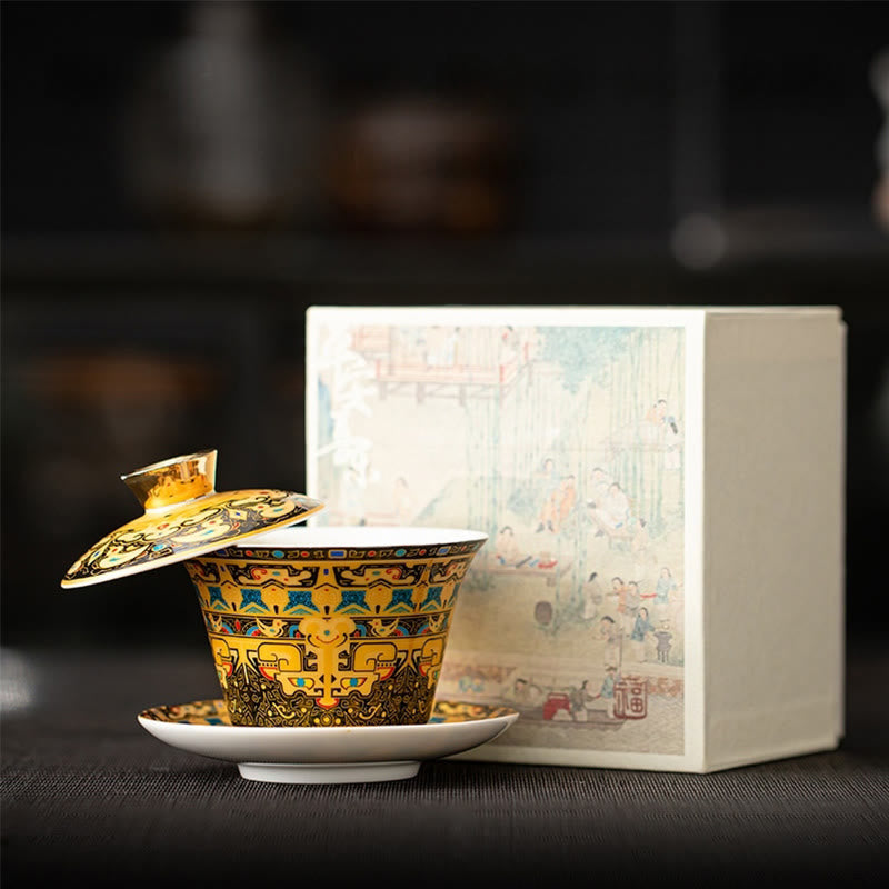 Buddha Stones Thangka Smok Buddowie Dunhuang Ceramiczny Gaiwan Sancai Kung Fu Filiżanka Do Herbaty I Spodek Z Pokrywką Pudełko Prezentowe 180 ml