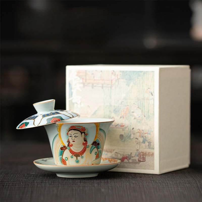 Buddha Stones Thangka Smok Buddowie Dunhuang Ceramiczny Gaiwan Sancai Kung Fu Filiżanka Do Herbaty I Spodek Z Pokrywką Pudełko Prezentowe 180 ml