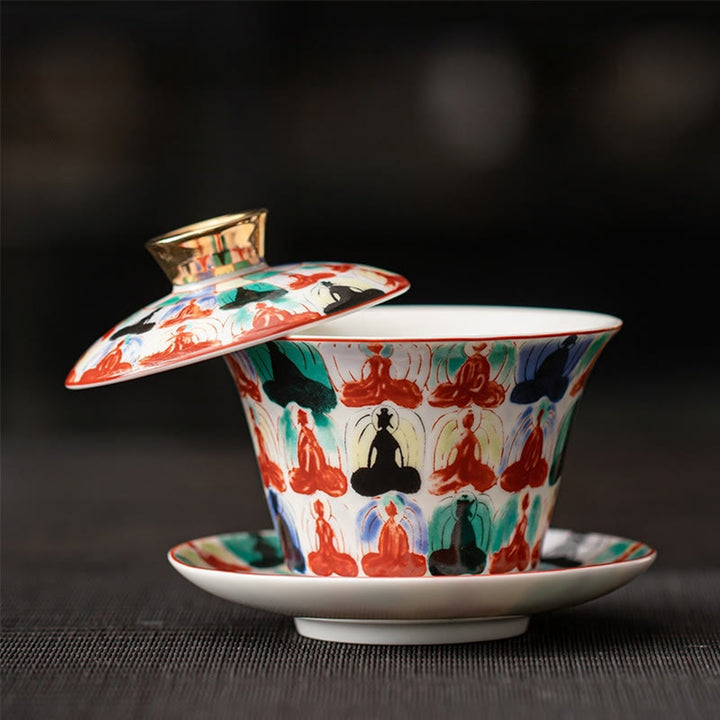 Buddha Stones Thangka Smok Buddowie Dunhuang Ceramiczny Gaiwan Sancai Kung Fu Filiżanka Do Herbaty I Spodek Z Pokrywką Pudełko Prezentowe 180 ml