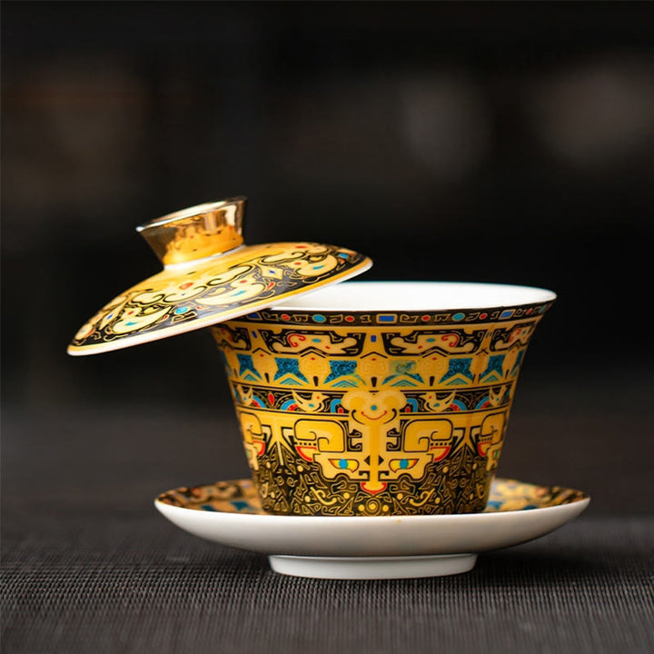Buddha Stones Thangka Smok Buddowie Dunhuang Ceramiczny Gaiwan Sancai Kung Fu Filiżanka Do Herbaty I Spodek Z Pokrywką Pudełko Prezentowe 180 ml