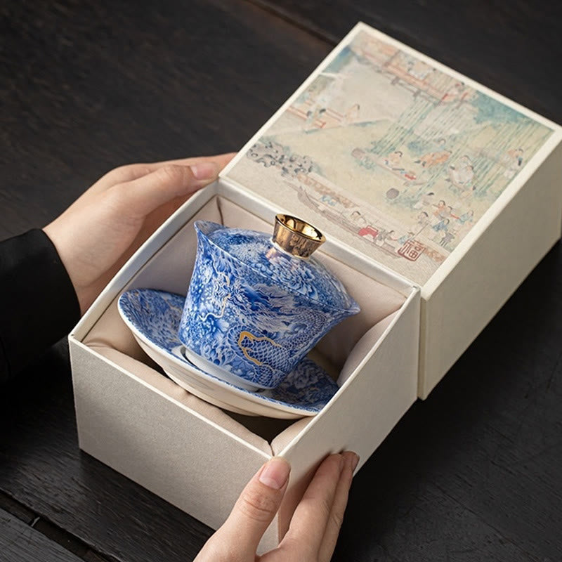 Buddha Stones Thangka Smok Buddowie Dunhuang Ceramiczny Gaiwan Sancai Kung Fu Filiżanka Do Herbaty I Spodek Z Pokrywką Pudełko Prezentowe 180 ml