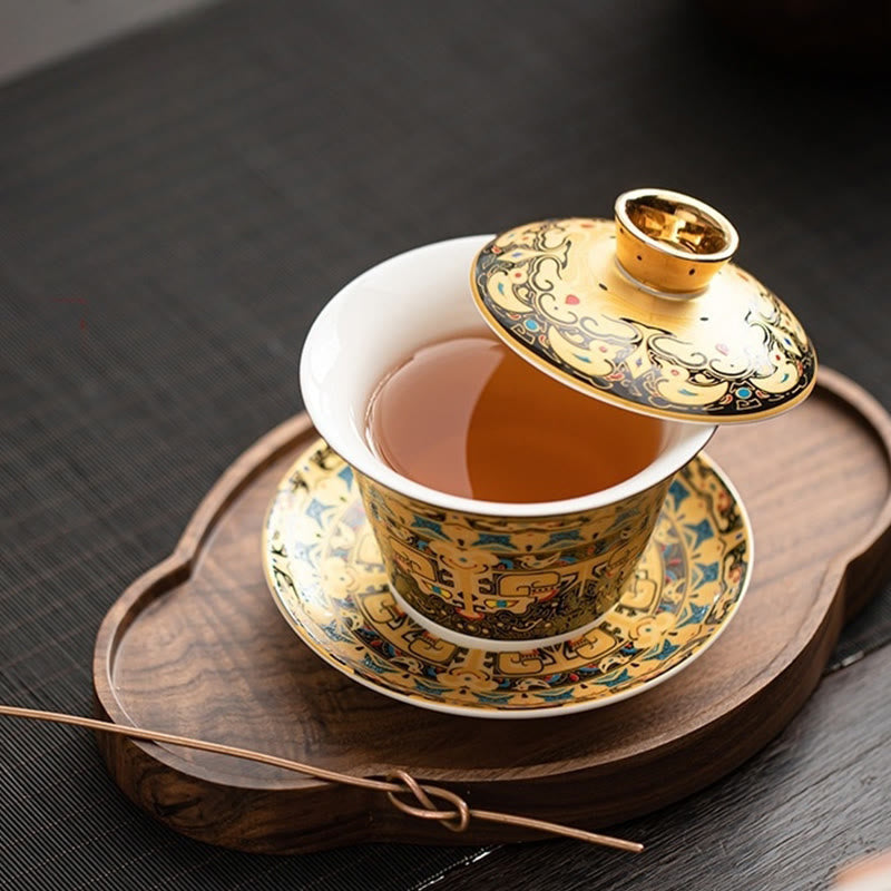Buddha Stones Thangka Smok Buddowie Dunhuang Ceramiczny Gaiwan Sancai Kung Fu Filiżanka Do Herbaty I Spodek Z Pokrywką Pudełko Prezentowe 180 ml