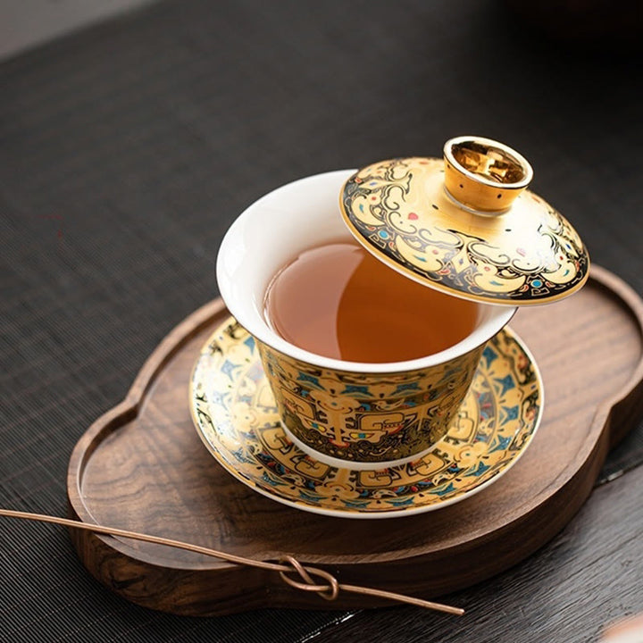 Buddha Stones Thangka Smok Buddowie Dunhuang Ceramiczny Gaiwan Sancai Kung Fu Filiżanka Do Herbaty I Spodek Z Pokrywką Pudełko Prezentowe 180 ml