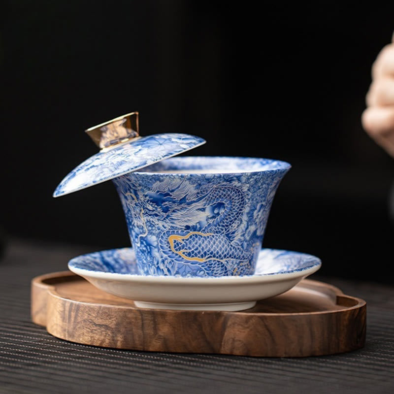 Buddha Stones Thangka Smok Buddowie Dunhuang Ceramiczny Gaiwan Sancai Kung Fu Filiżanka Do Herbaty I Spodek Z Pokrywką Pudełko Prezentowe 180 ml