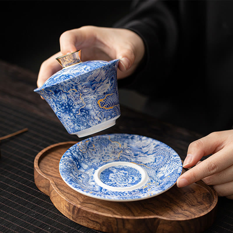 Buddha Stones Thangka Smok Buddowie Dunhuang Ceramiczny Gaiwan Sancai Kung Fu Filiżanka Do Herbaty I Spodek Z Pokrywką Pudełko Prezentowe 180 ml