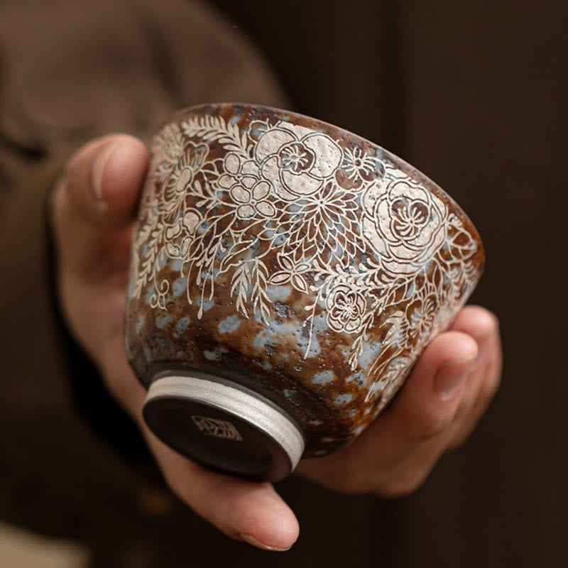 Buddha Stones Brązowe Kwiaty W Pełnym Rozkwicie Filiżanka Do Herbaty Kung Fu 100 ml Z Pudełkiem Prezentowym