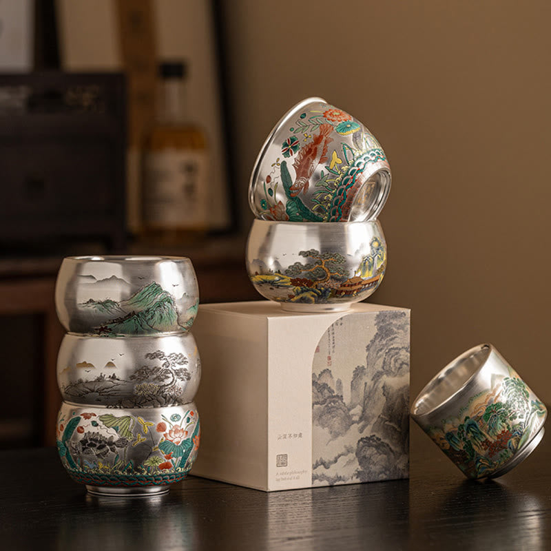 Buddha Stones Ryby Lotos Wodorosty Dolina Góry Sosna Smok Filiżanka Kung Fu Filiżanka do herbaty z pudełkiem prezentowym