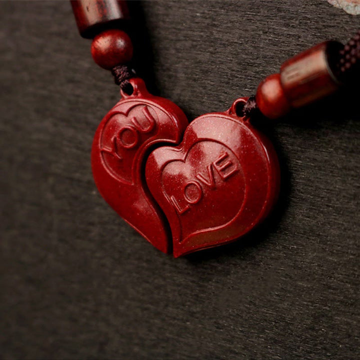Buddha Stones 2 szt. KOCHAM CIĘ Naturalny Cynober Miłość Serce Sznurek Błogosławieństwo Para Naszyjnik Wisiorek