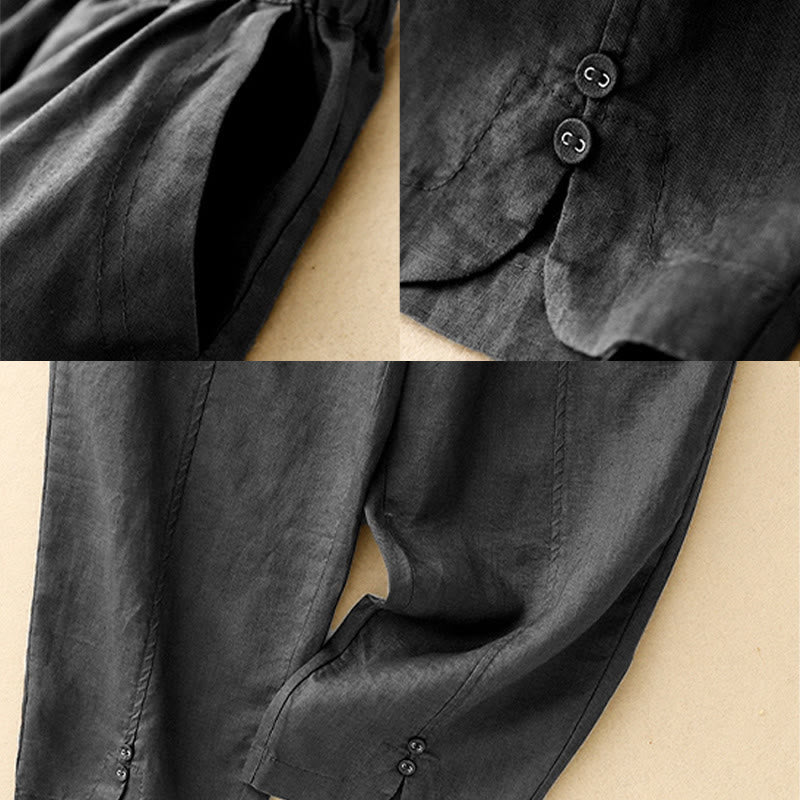 Buddha Stones Letnie Jednokolorowe Boczne Guziki Projekt Bawełna Lniane Damskie Spodnie Harem Z Kieszeniami - image 14