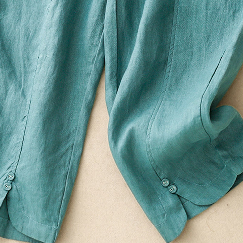 Buddha Stones Letnie Jednokolorowe Boczne Guziki Projekt Bawełna Lniane Damskie Spodnie Harem Z Kieszeniami - image 19