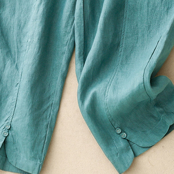 Buddha Stones Letnie Jednokolorowe Boczne Guziki Projekt Bawełna Lniane Damskie Spodnie Harem Z Kieszeniami - image 19