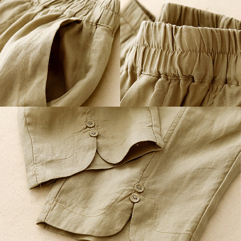 Buddha Stones Letnie Jednokolorowe Boczne Guziki Projekt Bawełna Lniane Damskie Spodnie Harem Z Kieszeniami - image 3