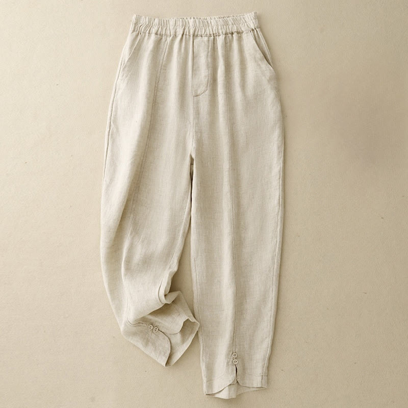 Buddha Stones Letnie Jednokolorowe Boczne Guziki Projekt Bawełna Lniane Damskie Spodnie Harem Z Kieszeniami - Beżowy - US8-10，UK/AU12-14，EU40-42 (2XL) - image 4