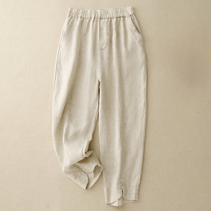 Buddha Stones Letnie Jednokolorowe Boczne Guziki Projekt Bawełna Lniane Damskie Spodnie Harem Z Kieszeniami - Beżowy - US8-10，UK/AU12-14，EU40-42 (2XL) - image 4
