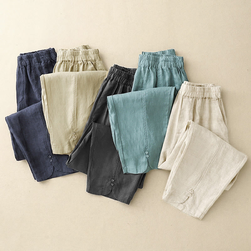 Buddha Stones Letnie Jednokolorowe Boczne Guziki Projekt Bawełna Lniane Damskie Spodnie Harem Z Kieszeniami - image 23