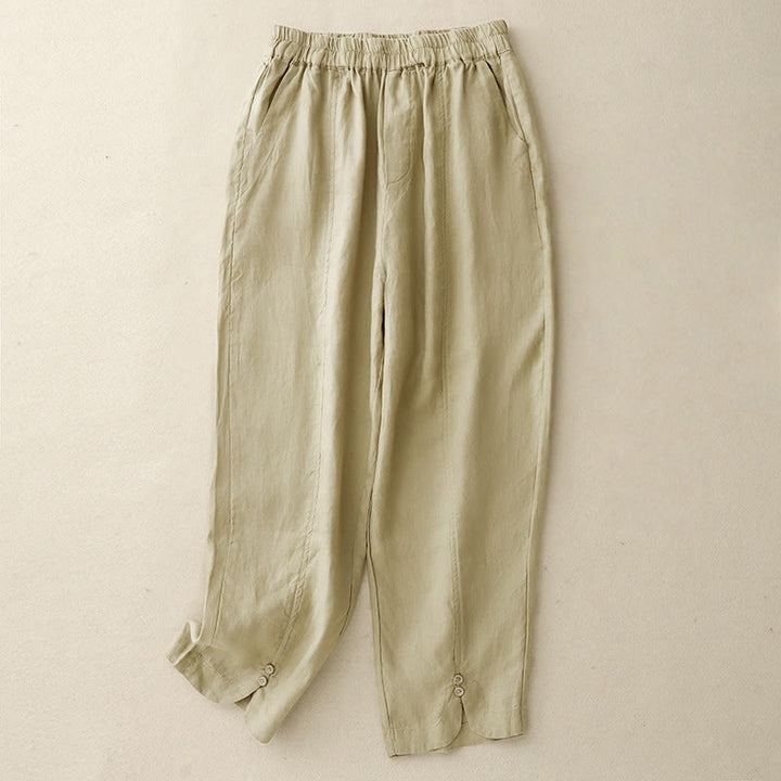 Buddha Stones Letnie Jednokolorowe Boczne Guziki Projekt Bawełna Lniane Damskie Spodnie Harem Z Kieszeniami - Blada nawłoć - US8-10，UK/AU12-14，EU40-42 (2XL) - image 0