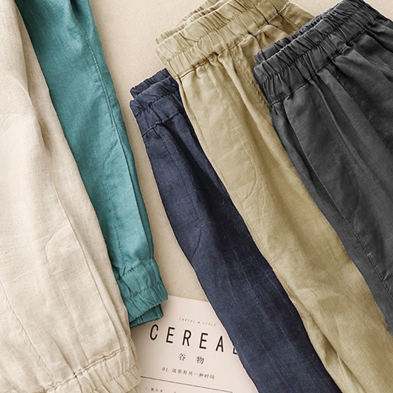 Buddha Stones Letnie Jednokolorowe Boczne Guziki Projekt Bawełna Lniane Damskie Spodnie Harem Z Kieszeniami - image 24