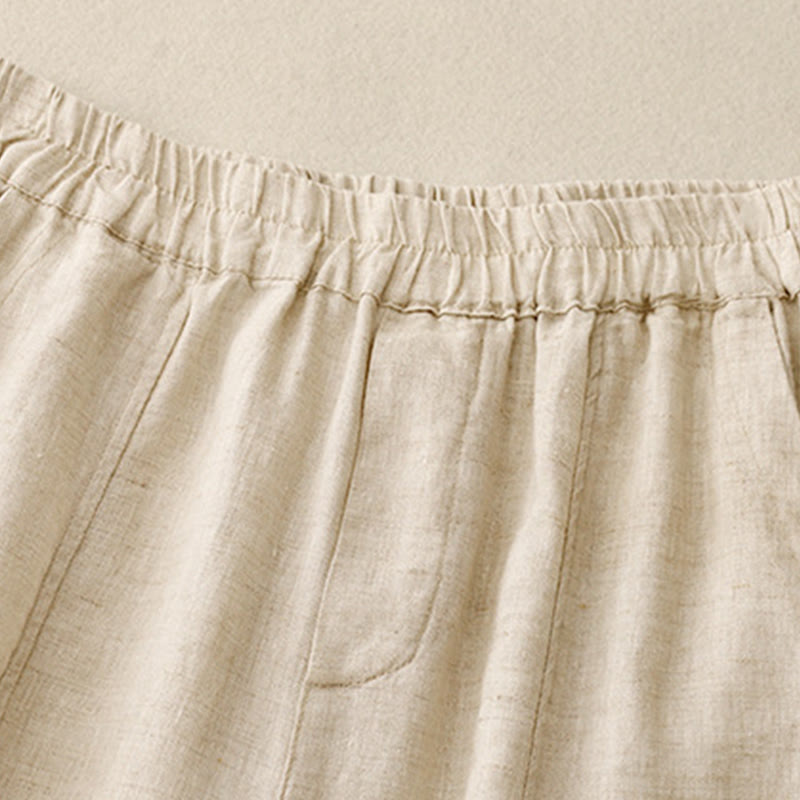 Buddha Stones Letnie Jednokolorowe Boczne Guziki Projekt Bawełna Lniane Damskie Spodnie Harem Z Kieszeniami - image 6