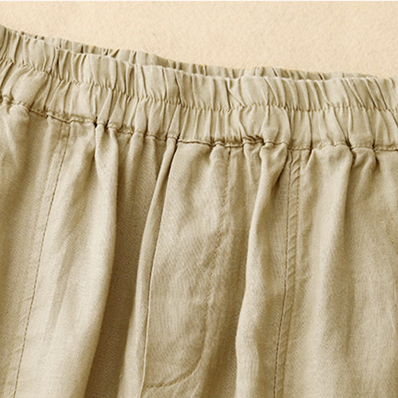 Buddha Stones Letnie Jednokolorowe Boczne Guziki Projekt Bawełna Lniane Damskie Spodnie Harem Z Kieszeniami - image 1