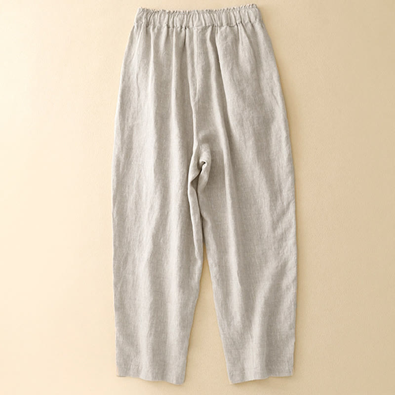 Buddha Stones Letnie Jednokolorowe Boczne Guziki Projekt Bawełna Lniane Damskie Spodnie Harem Z Kieszeniami - image 5