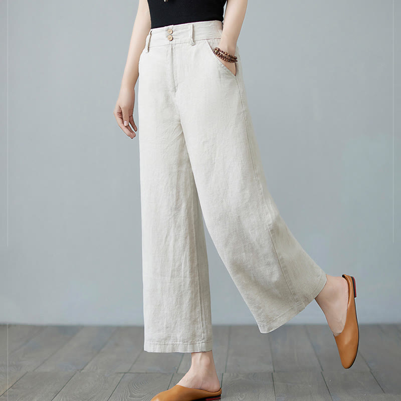 Buddha Stones Codzienny Jednolity Kolor Patchwork Prosty Design Bawełna Len Spodnie Damskie Z Kieszeniami - image 2